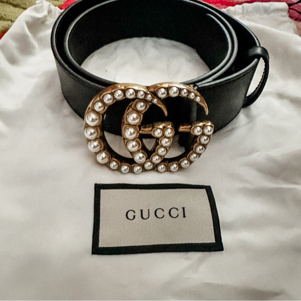 [gucci] imitation pearl double g leather belt